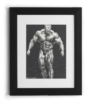 Framed black and white artwork of a muscular figure on a white background